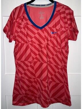 Nike Pro Dri Fit Shirt Woman’s Sz L Coral Blue Geometric Fitted Activewear Run